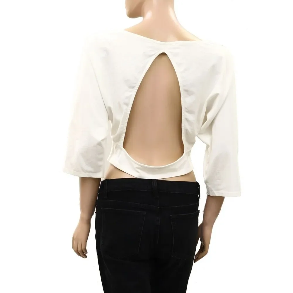 Free People Open-Back Cropped Blouse Top White 3/4 Sleeve Cotton White S 289862